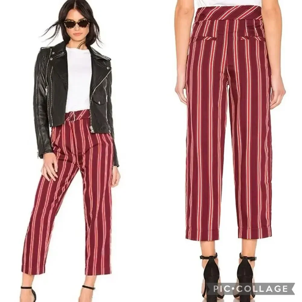 Free People Seemed Like Stripe Belted Crop Pant in Burgundy/Red Sz 2 Office Boho